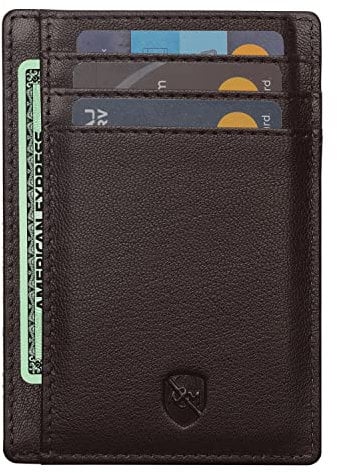 ALLEN & MATE RFID Blocking Leather Wallet – Slim Minimalist Card Holder for Men & Women – Holds 7 Cards & Cash – Stylish, Compact Design – Genuine Leather with Gift Box (Brown)