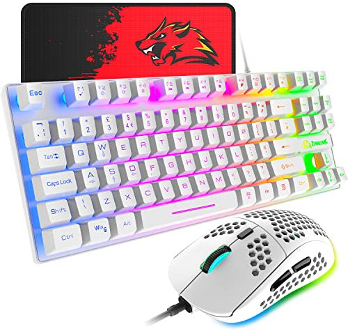 Gaming-Tastatur und -Maus, 88-Tasten-USB-Tastatur mit Hintergrundbeleuchtung in Regenbogenfarbe + programmierbare ultraleichte Gaming-Maus mit 6400 DPI für Computer PC PS4 PS5 Laptop Mac (weiß)