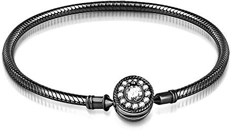 GNOCE Charm Bracelet Sterling Silver 18k Rose Gold Plated DIY Snake Chain Love At First Sight Basic Charm Bracelet With Gnoce Logo Bangle with Clasp (Black, 21)