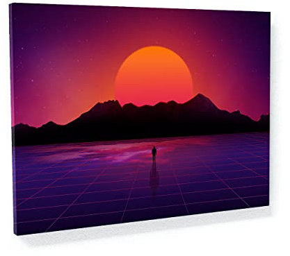 Simulation Synthwave Leinwandkunst – Mann Walking Grid Vaporwave Cyberpunk Heimdekoration Druck Poster Gemälde XL 122 x 91,4 cm | Sense Leinwand