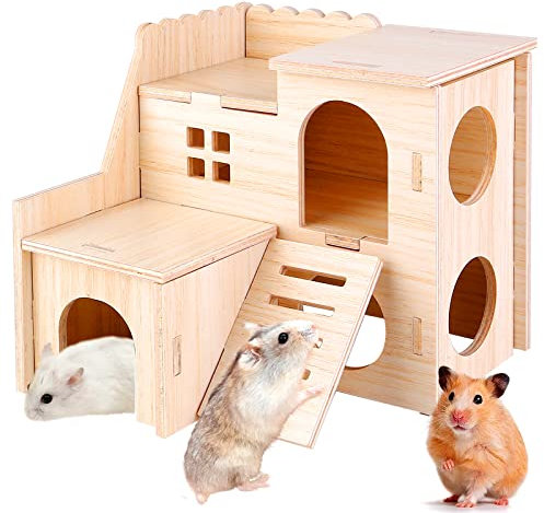 Hamster Eckhaus - Holz Hamsterhaus, Meerschweinchen Haus mit Leiter, 2 Etagen Hamster Versteck, Hamster Haus Holz für Kleine Haustiere Zwerghamster, Rennmäuse, Degus, Stachelmäuse