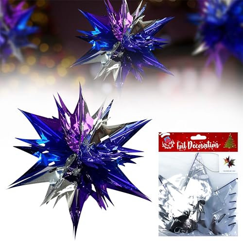 60cm Christmas Foil Starburst Hanging Decorations, Purple, Silver & Blue Xmas Ceiling & Wall Décor for Holiday Parties & Festive Home Decorations