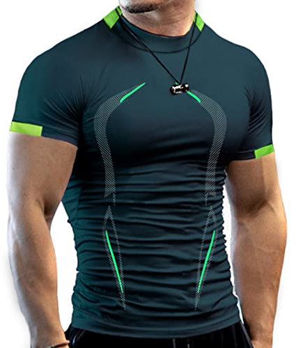 YILEEGOO Men Short Sleeve Compression Tops Mens Running Top Quick Dry Base Layer Top for Gym Sports Fitness Workout Cycling,Training (Dark Blue, M)