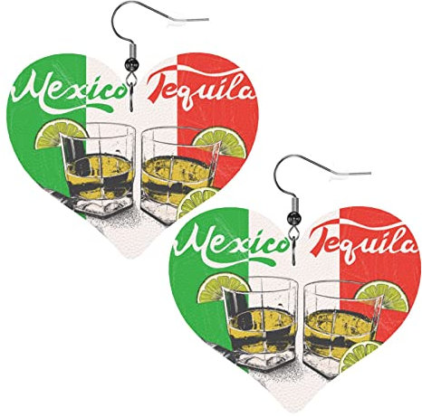 Mexiko-Flagge und Tequila, tropische Blume und Zen-Stein, herzförmige Kunstleder-Ohrringe, für Weihnachten, Valentinstag, Mädchen, Frauen, Geburtstagsgeschenk