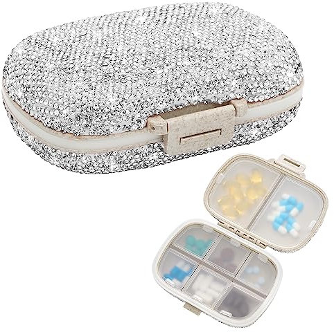 Soleebee Diamant Pillendose mit 8 Fächern, Bling Kleine Tablettenbox 7 Tage Mini Tablettendose Tragbare Pillenbox Tabletten Medizin Vitamin Organizer für Outdoor Sport Camping Reisen (Weiß)