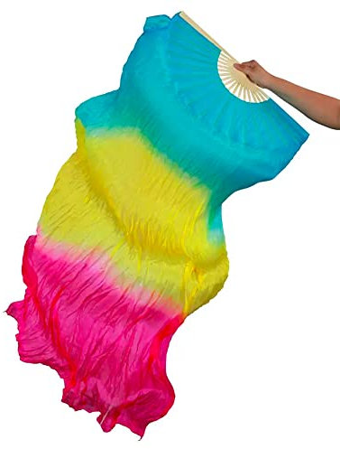 TMZAQH Damen Bauchtanz-Schleier für Rechtshänder, echte Seide, lang, 150 x 90 cm (türkis/gelbe Rose)