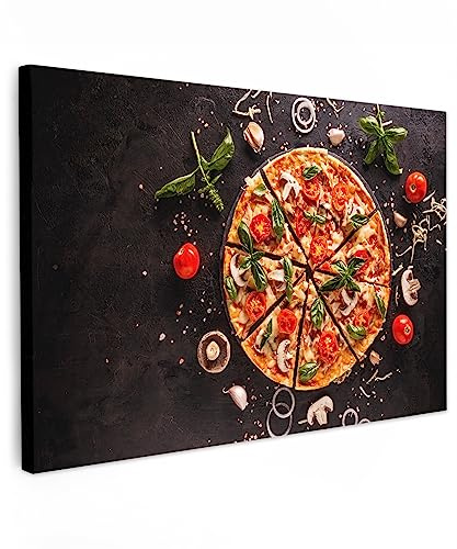 MuchoWow© Leinwandbild Groß XXL Dekoration Wohnzimmer Bilder Pictures Wall | 120x80 cm - Decoration Living Room Wohnungs Deko Moderne Bild Küche - Pizza - Gemüse - Kräuter - Lebensmittel - Essen
