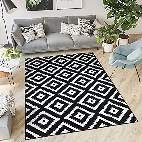 TAPISO Luxury Tapis Poils Ras Moderne Blanc Noir Géométrique Marocain Losanges Tapis Salon Chambre Adulte Salle à Manger Bureau Oeko-TEX Résistant 120 x 170 cm
