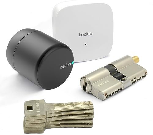 tedee Set - elektronisches Türschloss mit ABUS Bravus.2500 MX Hochsicherheits-Zylinder 45/35K inkl. 5 Schlüssel | tedee WLAN-Bridge | Bluetooth-Steuerung | iPhone & Android | Smart Home | Schwarz