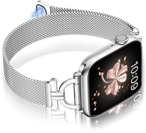 Vamyzji Compatible with Apple Watch Strap 42mm(Series 11 10) 41mm 40mm 38mm,Slim Magnetic Milanese Mesh for Apple Watch Series 11 10 9 8 7 6 5 4 3 2 1 SE, Fashion Metal Silver iWatch Strap Women