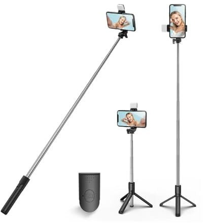 XIHAMA Selfie Stick Tripod with Fill Light - Stable Tripod Stand with Detachable Wireless Remote Compatible with iPhone 15 Pro Max/15 Plus/14/13, Samsung, LG, Google Smartphones (Black+Light-1)