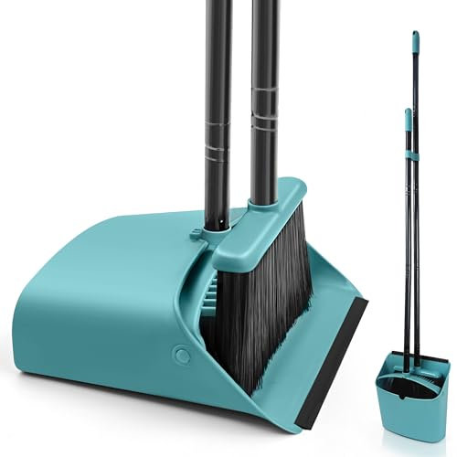 JEHONN Recogedor Plegable y Escoba de Mango Largo de 137 cm, Cepillo Barrer y Recogedor Vertical con Peine Dientes para Interior Casa Cocina Vestíbulo Jardín Oficina Habitación (Gris Verde) 