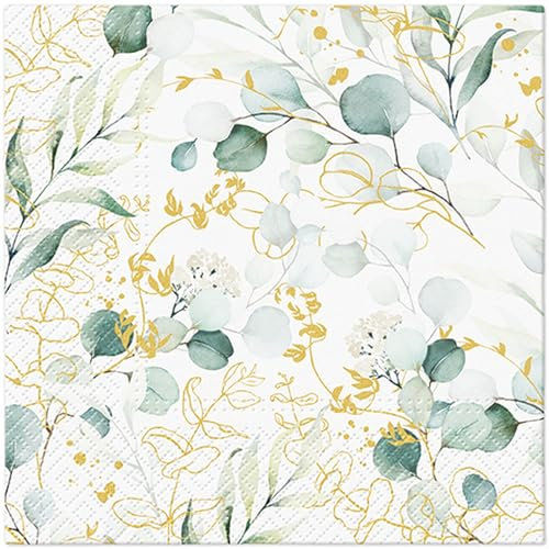20 Servietten Blumen, Garten & Natur Eukalyptus an goldenen Blättern als Tischdeko. Papierservietten mit Motiv. Auch für Decoupage und Serviettentechnik 33x33cm