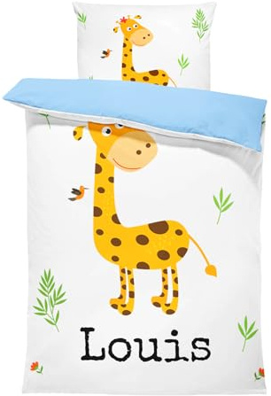Pictogogo Personalisierte Baby Bettwäsche mit süßen Giraffe, Wählbare Unterfarbe aus Baumwolle, Kinderbettwäsche Mit Namen, Babybett Komplett Set Mit Reißverschluss (Giraffen 2, 100 x 135 cm)