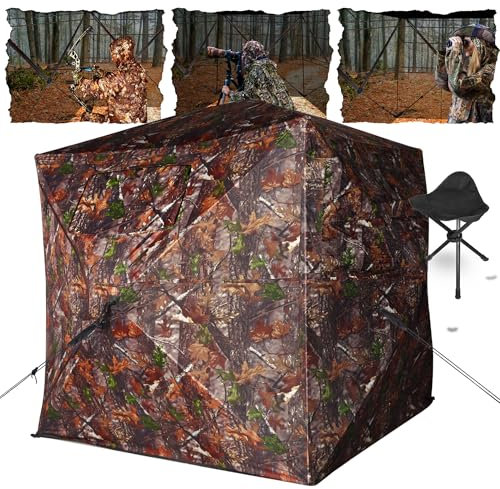 REAWOW Jagdzelt, Jagdrollo 2-3 Personen Tragbarer 270° Jagdunterstand, Pop-Up Camouflage Tarnzelt für Naturfotografie und Tierbeobachtung Einseitig durchsichtiges Jagdjalousien