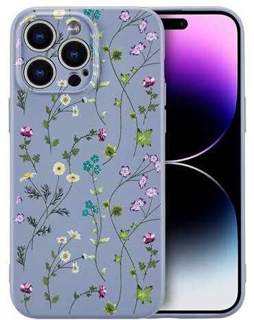 RALEAVO Flower Case for iPhone 14 Pro, Liquid Silicone Shockproof Protection Case Cover for Girls Women with Aesthetic Cute Floral Patterns Soft Slim Phone Case for iPhone 14 Pro 6.1-Grey