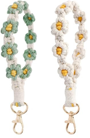 TNSLAND 2 Stück Boho Keychain Aesthetic Makramee Schlüsselanhänger - Cute Gänseblümchen Armband Auto Geflochten für Frauen Tasche Anhänger - Damen und Mädchen Weiß+Grün