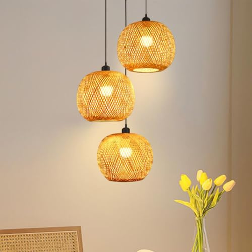 Bambus Hängelampe 3-flammig Vintage Pendelleuchte Esstisch Hängeleuchte Boho Geflochten Pendellampe Retro Lampenschirm Aus Rattan E27 Deckenlampe Für Schlafzimmer Wohnzimmer Esszimmer Küche Flur,B