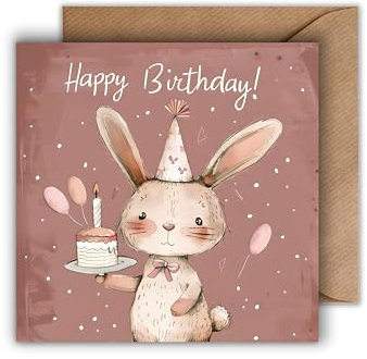 WBdesignz Geburtstag Karte mit Umschlag - Hase Geburtstagskarte “Happy Birthday Rosa Häschen Mädchen Geburtstag Karte Tochter Nichte Enkelin (125 x 125 mm)