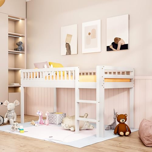 Kinderbett 90x200, Hochbett Etagenbett mit mit Lattenrost, Rausfallschutz und Sicherheitsleiter, Stockbett Holzbett Bettgestell Jugendbett Spielbett Niedrige Bett für Kinderzimmer, Massivholz, Weiß