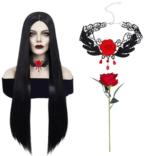 VEQENIFY Perücke Schwarze Lang Perücke Damen SchwarzePerücke für Karneval Kostüm Party Cosplay