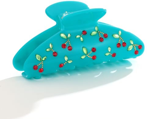LILIE&WHITE Türkise Haarspange mit Kirschdekor – Stilvolle Haarklammer aus Acryl für Damen – Verziert mit roten Strasssteinen und Blattdetails – Fester Halt für jede Frisur