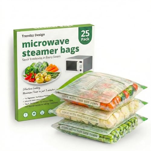 Trendzzdesign Microwave & Freezer Safe Steam Bags, 25-Pack Large (6.3 in x 8.27 in), Transparent with Printed Instructions