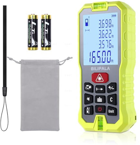 BILIPALA Laser Entfernungsmesser 50 m, Lasermessgerät mit Compaktes und LCD-Hintergrundbeleuchtung, 2 Wasserwaagen, Tragbarer Lasermessgerät M/In/Ft Umschaltung, Fläche, Volumen, Pythagoräisch(Rot)