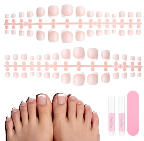 TOMICCA 150 Pièces Faux Ongles Pieds, 3 en 1 French Poudré Blanc Faux Orteil Ongles Pieds à Couverture Complète Capsule Ongle Pied pour Femmes Filles Salon de Manucure Nail Art,15 Tailles Longue