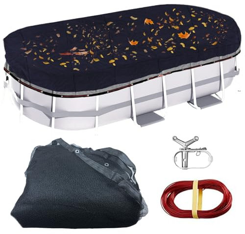 15 x 30 Foot Oval Above Ground Swimming Pool Leaf Net Cover With Winch and Cable, Winter Mesh Pool Cover Leaf Net for 15 X 30 FT Oval Above Ground Pools, Cover Size: 18 X 33 FT (Includes 3-ft Overlap)
