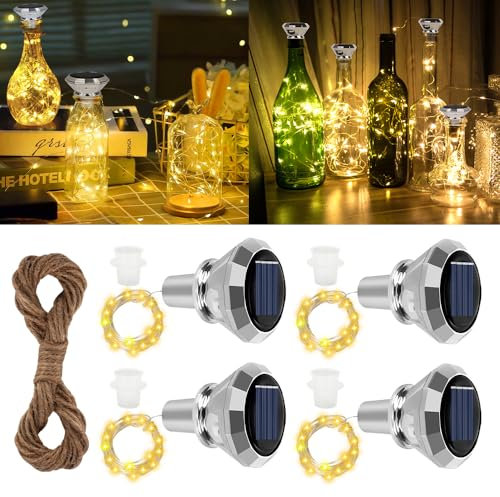 LYPPUL Solar Flaschen Licht, 4 Stück Solar LED Flaschenlichter, 2M 20LED Flaschenlichterkette Korken, Außen LED Korken Weinflasche Lichtkette für Flasche DIY, Party, Garten, Hochzeit Deko(Warmweiß)