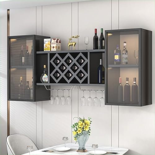 Modernes Weinglasregal mit LED-Beleuchtung und hängender Vitrine, großes Barregal für Zuhause, an der Wand montiertes Weinregal aus Holz, ideal für Wohnzimmer oder Bar-Se