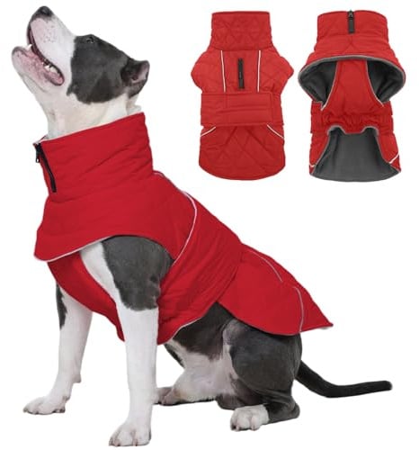 Kuoser Hundejacke Hundemantel für Mittelgroße Große Hunde, Winterjacke Hund Wasserdicht Warm, Verstellbarer Hundemantel mit Fleece und Reißverschluss-Leinenöffnung, L Rot