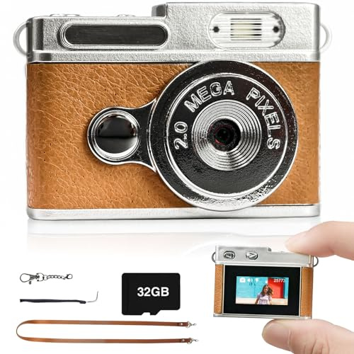 Mini Digital Camera with 0.96 in LCD Screen 1080P 32GB Card Feel of Old 90s Photographs, Keychain Size, Birthday Gifts (Brown)