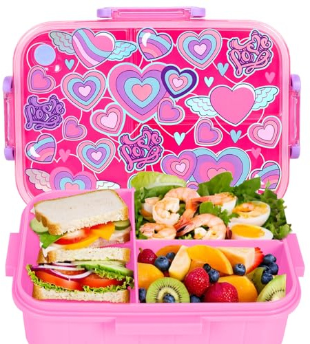 PinkSheep Loncheras Bento Para Niños, 1200 ml, Sin BPA, A Prueba De Fugas, Contenedores De Alimentos Para Niños Con 3 Compartimentos, Corazón