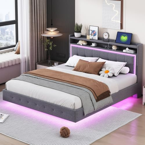 HAUSPROFI Schwebebett | Polsterbett mit LED-Beleuchtung, USB & Type-C Ladestation, Stauraum-Kopfteil und Lattenrost | Modernes Doppelbett in Leinenoptik (Grau-b, 140 x 200 cm)