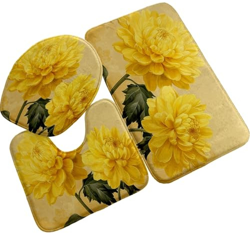 Badezimmerteppich Set 3 Teilig Gelbe Blume WC Teppich Schnell Trocknend Badvorleger rutschfest Badgarnitur 3 Teilig Stand WC Waschbar Bad Teppiche Set Dekoration 50x80 cm