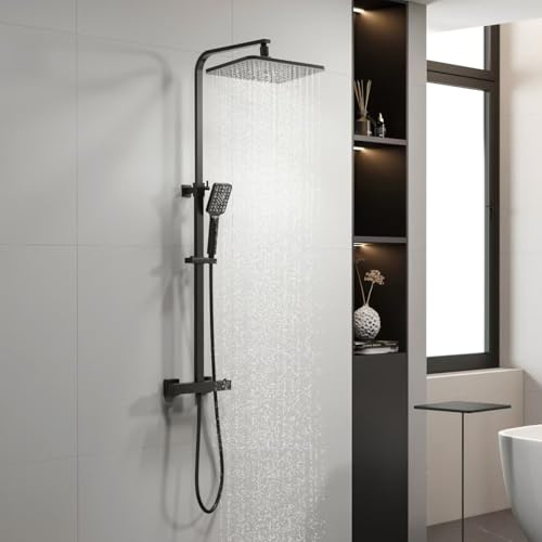 YOOZENA Duscharmatur Komplettset, Duschsystem mit Thermostat, Duscharmatur Schwarz,Kopfbrause, Duschkopf mit Schlauch und Halterung, Regendusche mit armatur Schwarz