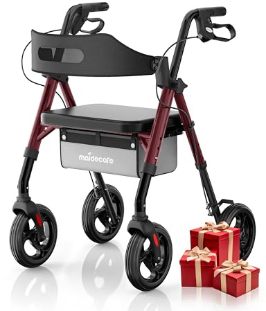 Rollator Walker with Seat and Wheels for Elderly, 4 Wheels Rollators for Seniors and Disabled, Walking Aid Foldable with Brake, Adjustable Handles and Seat Height, 8 All-Terrain Wheels, Red