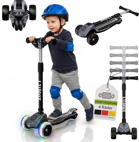 JUSKYS® Kinderroller Lumox Schwarz - LED-Rollen mit 4-Farb-Blinkeinstellung, höhenverstellbarer Kinderscooter, klappbar & Hinterradbremse, Dreiradscooter