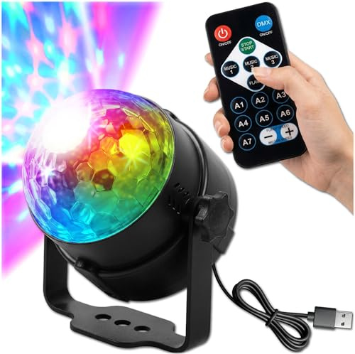 KRUMAD Discokugel Kinder, LED Discokugel RGB Disco Licht, Partylicht | 10x8x8 cm, Fernbedienung Steuerbar, USB, Effektgeschwindigkeit Einstellbar, mehrere Betriebsmodi, Stabiler Griff, Musikmodus