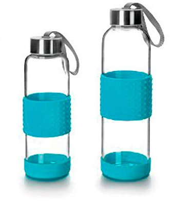 Ibili - Bouteille en Verre Sky, 500 ml, Bleu, Borosilicate, Réutilisable, Protection Anti-Choc
