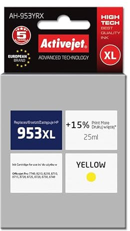 TINTA ACTIVEJET AH-953YRX (REEMPLAZO DE HP 953XL F6U18AE - PREMIUM - 25 ML - AMARILLO)