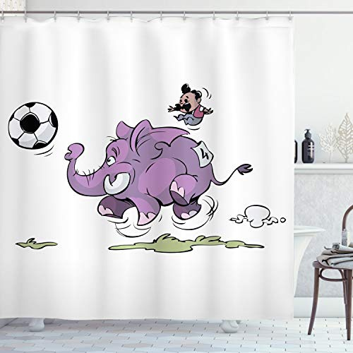 ABAKUHAUS Tier Duschvorhang, Elefant das Fußball spielt, Stoffliches Gewebe Badezimmerdekorationsset mit Haken, 175 x 200 cm, Weiß Lila