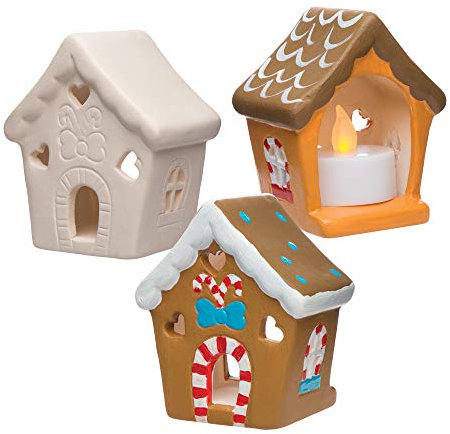 Baker Ross Porte-Bougies Chauffe-Plats en céramique Maisons en Pain d'épice (boîte de 3), Loisirs créatifs et décorations de Noël pour Enfants, Marron, Blanc, Crème