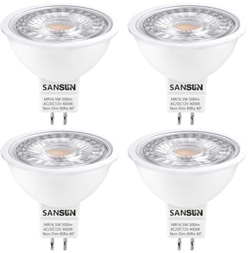 SANSUN Lampadine LED MR16 da 5 W, ricambio alogene da 12 V 50 W, attacco GU5.3 a due pin, luce bianca diurna 4000 K, non dimmerabili, confezione da 4