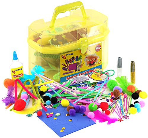 The Magic Toy Shop Kids Giant Mega Super Craft Art Carry Case with Over 200 Pieces - Feathers, Pom Poms, Beads, Sticks, Neon Laces, Wool, Sequins, Gems, Googly Eyes, Glitter Glue (Yellow)