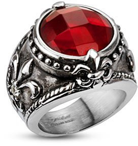 Bague en Acier Chirurgical 316L Argenté Antique et Oxyde de Zirconium - Zircon Rouge Entouré de Fleurs de Lys - (62)