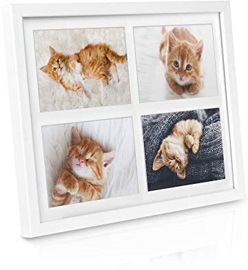 bomoe Bilderrahmen Collage für 4 Fotos 10x15 cm – Fotorahmen Collage aus Holz, Kunststoffglas, Metall-Aufhängung & Passepartout Multirahmen für Bilderrahmen Set – Bilderrahmen 10x15 Weiß – Galeria