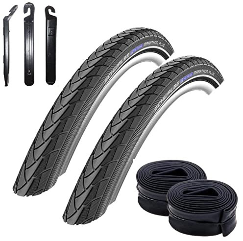 2 x Schwalbe Marathon Plus Unplattbar Fahrradreifen in Schwarz mit Reflex 37-590 (26 x 1 3/8) + 2 Schwalbe Schläuche DV12 inkl. 3 Reifenheber